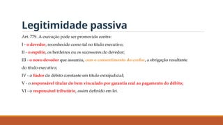 Legitimidade passiva
Art. 779. A execução pode ser promovida contra:
I - o devedor, reconhecido como tal no título executivo;
II - o espólio, os herdeiros ou os sucessores do devedor;
III - o novo devedor que assumiu, com o consentimento do credor, a obrigação resultante
do título executivo;
IV - o fiador do débito constante em título extrajudicial;
V - o responsável titular do bem vinculado por garantia real ao pagamento do débito;
VI - o responsável tributário, assim definido em lei.
 