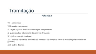 Tramitação
PENHORA
VII - semoventes;
VIII - navios e aeronaves;
IX - ações e quotas de sociedades simples e empresárias;
X - percentual do faturamento de empresa devedora;
XI - pedras e metais preciosos;
XII - direitos aquisitivos derivados de promessa de compra e venda e de alienação fiduciária em
garantia;
XIII - outros direitos.
 
