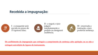 Recebida a impugnação:
I - o exequente será
ouvido no prazo de
15 (quinze) dias;
II - a seguir, o juiz
julgará
imediatamente o
pedido ou designará
audiência;
III - encerrada a
instrução, o juiz
proferirá sentença.
Do acolhimento da impugnação que extinguir o cumprimento de sentença cabe apelação; ou se não o
extinguir será objeto de Agravo de instrumento.
 