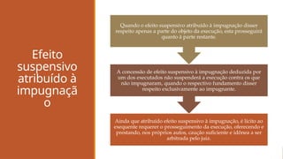 Efeito
suspensivo
atribuído à
impugnaçã
o
Ainda que atribuído efeito suspensivo à impugnação, é lícito ao
exequente requerer o prosseguimento da execução, oferecendo e
prestando, nos próprios autos, caução suficiente e idônea a ser
arbitrada pelo juiz.
A concessão de efeito suspensivo à impugnação deduzida por
um dos executados não suspenderá a execução contra os que
não impugnaram, quando o respectivo fundamento disser
respeito exclusivamente ao impugnante.
Quando o efeito suspensivo atribuído à impugnação disser
respeito apenas a parte do objeto da execução, esta prosseguirá
quanto à parte restante.
 