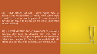 STJ – INFORMATIVO 681 – 20/11/2020: Não se
aplica o rito excepcional da prisão civil como meio
coercitivo para o inadimplemento dos alimentos
devidos em razão da prática do ato ilícito. (alimentos
indenizatórios).
STJ – INFORMATIVO 702 – 28/06/2021: É possível a
penhora dos bens do devedor sem que haja a
conversão do rito da prisão para o da constrição
patrimonial, enquanto durar a impossibilidade da
prisão civil em razão da pandemia do coronavírus.
 