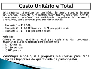 Custo Unitário e Total
Uma empresa irá realizar um seminário, destinado a alguns de seus
funcionários. Para tanto, será contratado um famoso palestrante. Sem ter
conhecimento do número de participantes, o palestrante ofereceu 3
alternativas, como proposta para sua remuneração:
Proposta 1 - $15.000
Proposta 2 - $ 3.000 fixos mais $ 70 por participante
Proposta 3 - $ 100 por participante
Pede-se:
Calcule o custo unitário e total para cada uma das propostas,
imaginando que o número de participantes seja :
a) 80 pessoas
b) 120 pessoas
c) 200 pessoas
Identifique ainda qual a proposta mais viável para cada
uma das hipóteses de quantidade de participantes.
 