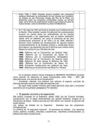    Entre 1820 y 1852, diversos grupos sociales con proyectos
       políticos diferentes se enfrentaron en los intentos por constituir
       un Estado en las Provincias Unidas del Río de la Plata. La
       diferencia entre los proyectos enfrentados surgía, en primer
       lugar, de la forma de organización política que proponían para el
       nuevo Estado: unos el centralismo y otros el federalismo.


      El 1º de mayo de 1853 sancionó la ansiada Ley Fundamental de
       la Nación. Para redactar nuestra Constitución los constituyentes
       tuvieron en cuenta todos los antecedentes de los pactos
       interprovinciales y los reglamentos que se habían redactado
       desde 1810 en adelante, así como el contenido de las dos
       constituciones anteriores: la de 1819 y la de 1826. Además,
       tomaron como modelos las constituciones de algunos países
       (fundamentalmente la de Estados Unidos) y destacadas obras
       de la época. Las siguientes son las 8 reformas que nuestra Carta
       Magna ha sufrido en sus 150 años de vida:
       1860-   Reforma por la Convención de Buenos Aires
       1866-    Reforma por la Convención de Santa Fe
       1898-    Reforma por la incrementación demográfica
       1949-   Reforma por la Convención de Buenos Aires
       1956-   Gobierno de facto deroga la Reforma de 1949
       1957-    Reforma por la Convención de Santa Fe
       1972-   Enmienda constitucional por gobierno de facto
       1994-   Reforma por la Convención de Santa Fe / Paraná


      En el ejemplo anterior hemos trabajado la MEMORIA HISTÓRICA tomando
como período de referencia el lapso comprendido entre 1492 – 1853 (del
descubrimiento, a la sanción de la Constitución).
      Constituye, además, una práctica que refuerza el espacio curricular de
Ciencias Sociales para los alumn@s del segundo ciclo.
      De igual modo pueden tomarse para estos ejercicios otros ejes o proyectos
asociados con el quehacer pedagógico. Por ejemplo:


    El pasado reciente y su superación
Rol político cumplido en la Argentina, desde 1930, por las Fuerzas Armadas.
Comparación con el papel desempeñado por ejército libertador surgido en la
Revolución de Mayo. Actitud asumida por San Martín con relación al ejercicio del
poder político
Los golpes de Estado en la Argentina.                Sectores que los propiciaron.
Consecuencias.
La doctrina de “la seguridad nacional”. El terrorismo de Estado. Los derechos
civiles, políticos, sociales, culturales y económicos. Garantías constitucionales. La
defensa del orden constitucional.


                                          11
 