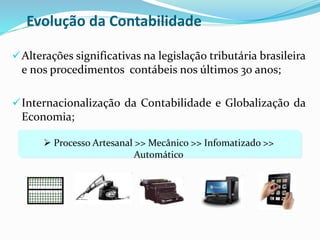 Evolução da Contabilidade
Alterações significativas na legislação tributária brasileira
e nos procedimentos contábeis nos últimos 30 anos;
Internacionalização da Contabilidade e Globalização da
Economia;
 Processo Artesanal >> Mecânico >> Infomatizado >>
Automático
 