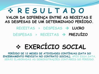  R E S U L T A D O
VALOR DA DIFERENÇA ENTRE AS RECEITAS E
AS DESPESAS DE UM DETERMINADO PERÍODO.
RECEITAS > DESPESAS  LUCRO
DESPESAS > RECEITAS  PREJUÍZO
 EXERCÍCIO SOCIAL
PERÍODO DE 12 MESES DE ATIVIDADES CONTÍNUAS (DATA DO
ENCERRAMENTO PREVISTA NO CONTRATO SOCIAL). APÓS ESSA DATA,
SERÃO ELABORADAS AS DEMONSTRAÇÕES CONTÁBEIS DO PERÍODO.
 