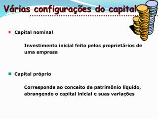 Várias configurações do capital
Capital nominal
Investimento inicial feito pelos proprietários de
uma empresa
Capital próprio
Corresponde ao conceito de patrimônio líquido,
abrangendo o capital inicial e suas variações
 