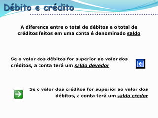 Débito e crédito
A diferença entre o total de débitos e o total de
créditos feitos em uma conta é denominado saldo
Se o valor dos débitos for superior ao valor dos
créditos, a conta terá um saldo devedor
Se o valor dos créditos for superior ao valor dos
débitos, a conta terá um saldo credor
 