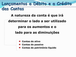 Lançamentos a Débito e a Crédito
das Contas
A natureza da conta é que irá
determinar o lado a ser utilizado
para os aumentos e o
lado para as diminuições
Contas de ativo
Contas de passivo
Contas de patrimônio líquido
 