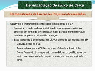 A DLPAc é o instrumento de integração entre a DRE e o BP.
Apenas uma parte do lucro é distribuída para os proprietários da
empresa em forma de dividendos. A maior parcela, normalmente, é
retida na empresa e reinvestida no negócio.
Essa transação é evidenciada no DLPAc, antes de ser indicada no BP.
Da DRE extrai-se o LL;
Transporta-se para a DLPAc para ser efetuada a distribuição;
O que fica retido é transportado para o BP, no grupo PL, havendo
assim mais uma fonte de origem de recursos para ser aplicada no
ativo.
Demonstração do Fluxo de Caixa
Demonstração de Lucros ou Prejuízos Acumulados
 