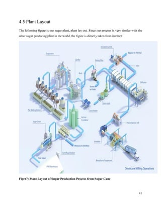 41
4.5 Plant Layout
The following figure is our sugar plant, plant lay out. Since our process is very similar with the
other sugar producing plant in the world, the figure is directly taken from internet.
Figer7: Plant Layout of Sugar Production Process from Sugar Cane
 