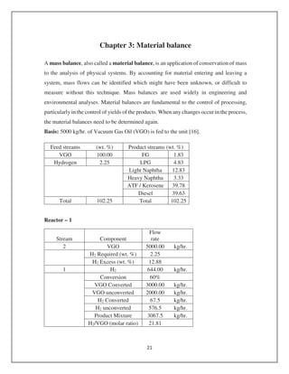Chapter 3: Material balance
A mass balance, also called a material balance, is an application of conservation of mass
to the analysis of physical systems. By accounting for material entering and leaving a
system, mass flows can be identified which might have been unknown, or difficult to
measure without this technique. Mass balances are used widely in engineering and
environmental analyses. Material balances are fundamental to the control of processing,
particularly in the control of yields of the products. When any changes occur in the process,
the material balances need to be determined again.
Basis: 5000 kg/hr. of Vacuum Gas Oil (VGO) is fed to the unit [16].
Feed streams (wt. %) Product streams (wt. %)
VGO 100.00 FG 1.83
Hydrogen 2.25 LPG 4.83
Light Naphtha 12.83
Heavy Naphtha 3.33
ATF / Kerosene 39.78
Diesel 39.63
Total 102.25 Total 102.25
Reactor – 1
Stream Component
Flow
rate
2 VGO 5000.00 kg/hr.
H2 Required (wt. %) 2.25
H2 Excess (wt. %) 12.88
1 H2 644.00 kg/hr.
Conversion 60%
VGO Converted 3000.00 kg/hr.
VGO unconverted 2000.00 kg/hr.
H2 Converted 67.5 kg/hr.
H2 unconverted 576.5 kg/hr.
Product Mixture 3067.5 kg/hr.
H2/VGO (molar ratio) 21.81
 