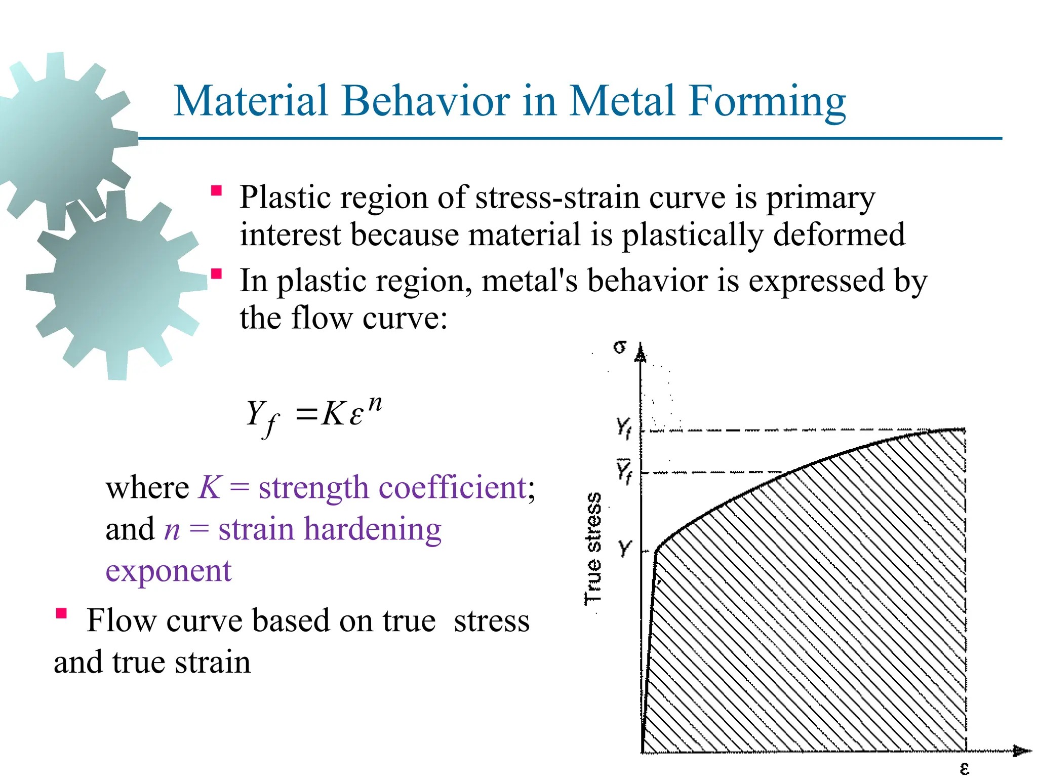 Material Behavior in Metal Forming
 Plastic region of stress-strain curve is primary
interest because material is plastically deformed
 In plastic region, metal's behavior is expressed by
the flow curve:
16
where K = strength coefficient;
and n = strain hardening
exponent
 Flow curve based on true stress
and true strain
n
f
Y K

 