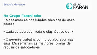 Estudo de caso
No Grupo Farani nós:
• Mapeamos as habilidades técnicas de cada
pessoa
• Cada colaborador roda o diagnóstico de IP
• O gerente trabalha com o colaborador nas
suas 1:1s semanais as melhores formas de
reduzir os sabotadores
 
