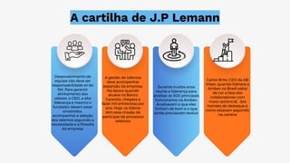 A cartilha de J.P Lemann
A gestão de talentos
deve acompanhar
expansão da empresa.
Na época quando
atuava no Banco
Garantia, chegava a
fazer mil entrevistas por
ano. Hoje, os líderes
têm essa missão de
participar de processos
seletivos
Durante muitos anos
reunia a liderança para
analisar os 500 principais
funcionários na Ambev.
Analisavam o que eles
tinham de bom e o que
ainda precisavam evoluir
Carlos Brito, CEO da AB
Inbev, quando liderava a
Ambev no Brasil sabia
de cor a lista dos
colaboradores com
maior potencial, dos
trainees de destaque e
como estavam seguindo
na carreira
Desenvolvimento de
equipe não deve ser
responsabilidade só do
RH. Para garantir
alinhamento dos
valores, o CEO, a alta
liderança e mesmo o
fundador devem estar
envolvidos,
acompanhar a seleção
dos talentos seguindo a
necessidade e a ﬁlosoﬁa
da empresa
 