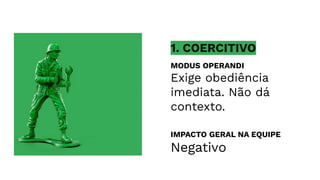 MODUS OPERANDI
Exige obediência
imediata. Não dá
contexto.
IMPACTO GERAL NA EQUIPE
Negativo
1. COERCITIVO
 