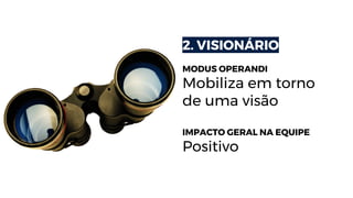 2. VISIONÁRIO
MODUS OPERANDI
Mobiliza em torno
de uma visão
IMPACTO GERAL NA EQUIPE
Positivo
 