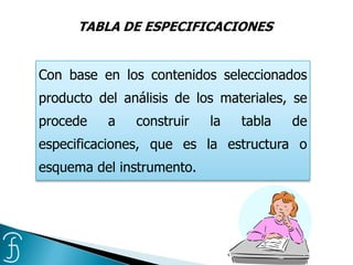 TABLA DE ESPECIFICACIONES
Con base en los contenidos seleccionados
producto del análisis de los materiales, se
procede a construir la tabla de
especificaciones, que es la estructura o
esquema del instrumento.
 