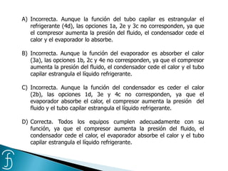 A) Incorrecta. Aunque la función del tubo capilar es estrangular el
refrigerante (4d), las opciones 1a, 2e y 3c no corresponden, ya que
el compresor aumenta la presión del fluido, el condensador cede el
calor y el evaporador lo absorbe.
B) Incorrecta. Aunque la función del evaporador es absorber el calor
(3a), las opciones 1b, 2c y 4e no corresponden, ya que el compresor
aumenta la presión del fluido, el condensador cede el calor y el tubo
capilar estrangula el líquido refrigerante.
C) Incorrecta. Aunque la función del condensador es ceder el calor
(2b), las opciones 1d, 3e y 4c no corresponden, ya que el
evaporador absorbe el calor, el compresor aumenta la presión del
fluido y el tubo capilar estrangula el líquido refrigerante.
D) Correcta. Todos los equipos cumplen adecuadamente con su
función, ya que el compresor aumenta la presión del fluido, el
condensador cede el calor, el evaporador absorbe el calor y el tubo
capilar estrangula el líquido refrigerante.
 
