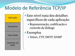 Modelo de Referência TCP/IP
                 Este nível trata dos detalhes
  Aplicação
                 específicos de cada aplicação
                   Representação, codificação e
 Transporte
                   controle de diálogo
                 Exemplos
 Inter-Rede
                   Telnet, FTP, SMTP, SNMP

 Interface de
     Rede
 