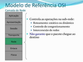 Modelo de Referência OSI
Camada de Rede
  Aplicação
                  Controla as operações na sub-rede:
 Apresentação        Roteamento: estático ou dinâmico
                     Controle de congestionamento
   Sessão
                     Interconexão de redes

  Transporte      Não garante que o pacote chegue ao
                   destino
    Rede


    Enlace


    Física
 