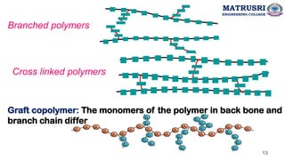 Branched polymers
Cross linked polymers
Graft copolymer: The monomers of the polymer in back bone and
branch chain differ
MATRUSRI
ENGINEERING COLLEGE
13
 