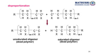 R C
H
H
C
X
H
m-1
C*
C
H
H X
H
+ R
C
H
H
C
X
H
m-1
C*
X
H
C
H
H
+
R C
H
H
C
X
H
m-1
C
C
H X
H
H R
C
H
H
C
X
H
m-1
C
H
H
C
X
H
saturated oligomer
unsaturated oligomer
(dead polymer) (dead polymer)
disproportionation
MATRUSRI
ENGINEERING COLLEGE
26
 