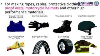 • For making ropes, cables, protective clothing, bullet-
proof vests, motorcycle helmets and other high
performance materials.
53
MATRUSRI
ENGINEERING COLLEGE
 