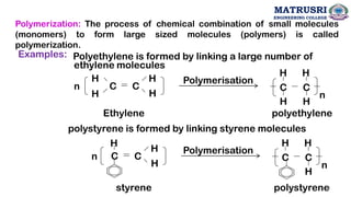 Examples: Polyethylene is formed by linking a large number of
ethylene molecules
n
C C
H
H H
H
C C
H
H H
H
n
Polymerisation
Ethylene polyethylene
polystyrene is formed by linking styrene molecules
H
styrene polystyrene
C C
H
H
n
Polymerisation
n
C C
H
H
H
Polymerization: The process of chemical combination of small molecules
(monomers) to form large sized molecules (polymers) is called
polymerization.
MATRUSRI
ENGINEERING COLLEGE
6
 