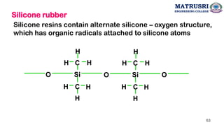 Silicone rubber
Silicone resins contain alternate silicone – oxygen structure,
which has organic radicals attached to silicone atoms
Si
O
C
C
H
H
H
H
H
H
Si
O
C
C
H
H
H
H
H
H
O
63
MATRUSRI
ENGINEERING COLLEGE
 