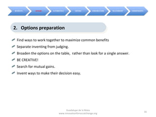 2. Options preparation
2. Options preparation

 Find ways to work together to maximize common benefits
 Separate inventing from judging.
 Broaden the options on the table, rather than look for a single answer.
 BE CREATIVE!
 Search for mutual gains.
 Invent ways to make their decision easy.




                                 Guadalupe de la Mata
                                                                           16
                            www.innovationforsocialchange.org
 