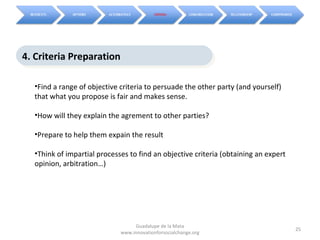 4. Criteria Preparation
4. Criteria Preparation

  •Find a range of objective criteria to persuade the other party (and yourself)
  that what you propose is fair and makes sense.

  •How will they explain the agrement to other parties?

  •Prepare to help them expain the result

  •Think of impartial processes to find an objective criteria (obtaining an expert
  opinion, arbitration…)




                                  Guadalupe de la Mata
                                                                                     25
                             www.innovationforsocialchange.org
 