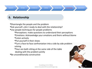 6. Relationship
6. Relationship
Disentangle the people and the problem
Ask yourself: ¿Am I ready to deal with the relationship?
Use people techniques for people problems
     Perceptions: make questions to understand their perceptions
     Emotions: Acknowledge your emotions and theirs without blame
     Listen actively
     Put yourself in their shoes
     Turn a face-to face confrontation into a side by side problem
     solving
     Your are both sitting at the same side of the table
      dealing with the problem jointly
Be unconditionally constructive



                             Guadalupe de la Mata
                                                                      38
                        www.innovationforsocialchange.org
 