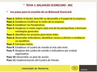 • TEMA 1: BALANCED SCORECARD - BSC
• Los pasos para la creación de un Balanced Scorecard.
Paso 1: Definir el Sector, describir su desarrollo y el papel de la empresa.
Paso 2: Establecer/confirmar la visión de la empresa.
Paso 3: Establecer las Perspectivas.
Paso 4: Desglosar la visión según cada una de las perspectivas y formular
estrategias generales.
Paso 5: Identificar las acciones para tener éxito.
Paso 6: Desarrollar indicadores, identificar causas y efectos y establecer
un equilibrio.
Paso 7: Formular metas.
Paso 8: Establecer el cuadro de mando al más alto nivel.
Paso 9: Desglose del cuadro de mando e indicadores por unidad
organizativa.
Paso 10: Desarrollar un plan de acción.
Paso 11: Implementación del Cuadro de Mando
 
