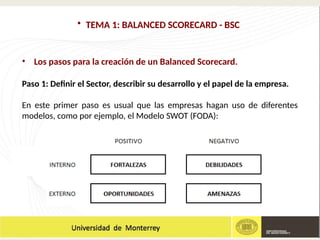 • TEMA 1: BALANCED SCORECARD - BSC
• Los pasos para la creación de un Balanced Scorecard.
Paso 1: Definir el Sector, describir su desarrollo y el papel de la empresa.
En este primer paso es usual que las empresas hagan uso de diferentes
modelos, como por ejemplo, el Modelo SWOT (FODA):
 