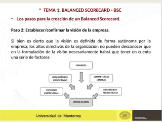 • TEMA 1: BALANCED SCORECARD - BSC
• Los pasos para la creación de un Balanced Scorecard.
Paso 2: Establecer/confirmar la visión de la empresa.
Si bien es cierto que la visión es definida de forma autónoma por la
empresa, los altos directivos de la organización no pueden desconocer que
en la formulación de la visión necesariamente habrá que tener en cuenta
una serie de factores:
 