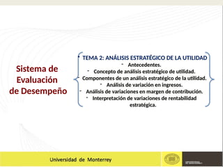 Sistema de
Evaluación
de Desempeño
• TEMA 2: ANÁLISIS ESTRATÉGICO DE LA UTILIDAD
- Antecedentes.
- Concepto de análisis estratégico de utilidad.
- Componentes de un análisis estratégico de la utilidad.
- Análisis de variación en ingresos.
- Análisis de variaciones en margen de contribución.
- Interpretación de variaciones de rentabilidad
estratégica.
 