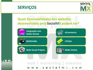 SERVIÇOS

Quais funcionalidades dos websites
desenvolvidos pela SocialMX podem ter?
     Integração com
                             eCommerce
     Redes Sociais


     Multimídia              eTicket


     Rede Social Própria     Rádio Online
 