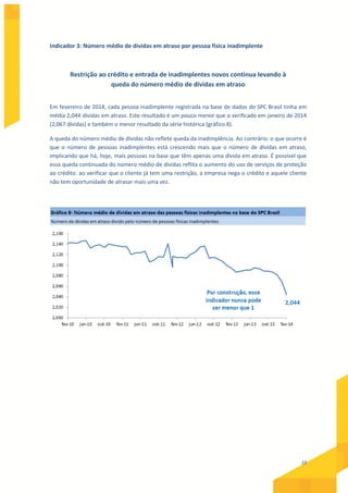 10
Indicador 3: Número médio de dívidas em atraso por pessoa física inadimplente
Restrição ao crédito e entrada de inadimplentes novos continua levando à
queda do número médio de dívidas em atraso
Em fevereiro de 2014, cada pessoa inadimplente registrada na base de dados do SPC Brasil tinha em
média 2,044 dívidas em atraso. Este resultado é um pouco menor que o verificado em janeiro de 2014
(2,067 dívidas) e também o menor resultado da série histórica (gráfico 8).
A queda do número médio de dívidas não reflete queda da inadimplência. Ao contrário: o que ocorre é
que o número de pessoas inadimplentes está crescendo mais que o número de dívidas em atraso,
implicando que há, hoje, mais pessoas na base que têm apenas uma dívida em atraso. É possível que
essa queda continuada do número médio de dívidas reflita o aumento do uso de serviços de proteção
ao crédito: ao verificar que o cliente já tem uma restrição, a empresa nega o crédito e aquele cliente
não tem oportunidade de atrasar mais uma vez.
 