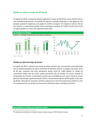 10 
Dívidas em atraso na base do SPC Brasil 
Em agosto de 2014, o número de dívidas registradas6 na base do SPC Brasil cresceu 0,35% contra o mês imediatamente anterior. O resultado foi superior à variação observada no mês agosto do ano passado, quando foi registrada uma queda de -0,45% na margem. Em relação ao mesmo mês do ano anterior, o crescimento também sofreu aceleração, passando de 5,29% em julho para 6,13% em agosto (gráfico 1), maior alta registrada desde 2013. Quantidade de Dívidas Gráfico 1 - Variação anual (mesmo mês do ano anterior) 
Fonte: SPC Brasil. 
Dívidas por faixa de tempo de atraso 
Em agosto de 2014, a abertura por tempo de atraso mostrou que o crescimento anual observado para as dívidas pendentes há menos de 90 dias foi bastante superior à categoria de atraso acima de 90 dias: enquanto esta faixa apresentou avanço anual de 5,48% (gráfico 2), abaixo do crescimento médio total de 6,13%, aquela apresentou alta de 14,10%, no mesmo período de comparação. No entanto, é importante ressaltar que as pendências com menor tempo de atraso possuem participação significantemente inferior, representando apenas 8,03% (gráfico 3) do total de dívidas. Dessa forma, essa faixa contribuiu apenas com 1,05 pontos percentuais (tabela 1), ante um impacto de 5,07 p.p da faixa de atraso acima de 90 dias sobre a variação anual total. 
Quantidade de Dívidas por tempo de atraso 
6Os dados aqui analisados consideram todas as bases às quais o SPC Brasil tem acesso.  