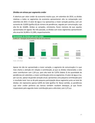 14 
Dívidas em atraso por segmento credor 
A abertura por setor credor da economia mostra que, em setembro de 2014, as dívidas relativas a todos os segmentos da economia apresentaram alta na comparação com setembro de 2013. O setor de água e luz apresentou a maior variação positiva, com um aumento de 13,85% (gráfico 8) do número de pendências, seguido por comunicação, cuja alta foi de 10,68%. Ambas as variações, entretanto, foram menores do que aquelas apresentadas em agosto. No mês passado, as dívidas com esses segmentos apresentaram alta anual de 16,98% e 11,38%, respectivamente. Quantidade de Dívidas por setor credor Gráfico 8 - Variação anual (mesmo mês do ano anterior) 
Fonte: SPC Brasil. 
Apesar de não ter apresentado a maior variação, o segmento de comunicação é o que mais chama a atenção em relação à contribuição, já que as dívidas relacionadas a este setor contribuíram com 1,50 p.p. para alta total de 5,07% (tabela 3) da quantidade de pendências em setembro, a maior contribuição entre os segmentos. O setor de água e luz, por sua vez, apesar da grande variação anual, apresentou uma pequena contribuição para o resultado total. Isso se dá pela pequena participação desse segmento junto ao total de dívidas: ele representa apenas 6,83% do todo (gráfico 9). Nesse sentido, as pendências cujo setor credor pertence aos bancos também recebem destaque, já que foram responsáveis pela segunda maior contribuição para a alta total, com 1,27 p.p. 
 
