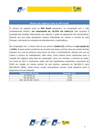 5
Número de registros junto ao SPC Brasil
O número de registros junto ao SPC Brasil apresentou, na comparação com o mês
imediatamente anterior, um crescimento de +0,73% em Julho/13. Este aumento é
resultado das pressões inflacionárias que reduzem o poder de pagamento dos consumidores,
fazendo com que estes apresentem maiores dificuldades em realizar o controle de suas
finanças, culminando em situações de endividamento e inadimplência.
Na comparação com o mesmo mês do ano anterior (Julho/12) verificou-se uma queda de
-1,94%. O atual cenário econômico de aumento dos preços contribui para que muitas famílias
reduzam seu nível de consumo como forma de evitar o endividamento, fazendo com que se
reduza o número de inadimplentes. Além disso, outros fatores foram importantes para a
redução dos registros nesta base de comparação, como, por exemplo, o aumento da renda;
em junho de 2013 o rendimento médio real dos trabalhadores apresentou crescimento de
0,8% em relação ao mesmo período do ano anterior, passando de R$1.854,13 para
R$1.869,20 (IBGE). Desta forma, muitos consumidores tiveram renda disponível para o
pagamento de suas despesas.
Registros SPC Brasil Variação (%)
Jul.13/Jun.13 +0,73
Jul.13/ Jul.12 -1,94
Jan- Jul.13/ Jan- Jul.12 +5,20
 