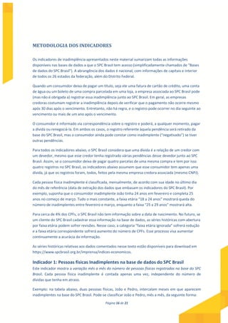 Página 16 de 21
METODOLOGIA DOS INDICADORES
Os indicadores de inadimplência apresentados neste material sumarizam todas as informações
disponíveis nas bases de dados a que o SPC Brasil tem acesso (simplificadamente chamados de "Bases
de dados do SPC Brasil"). A abrangência dos dados é nacional, com informações de capitais e interior
de todos os 26 estados da federação, além do Distrito Federal.
Quando um consumidor deixa de pagar um título, seja ele uma fatura de cartão de crédito, uma conta
de água ou um boleto de uma compra parcelada em uma loja, a empresa associada ao SPC Brasil pode
(mas não é obrigada a) registrar essa inadimplência junto ao SPC Brasil. Em geral, as empresas
credoras costumam registrar a inadimplência depois de verificar que o pagamento não ocorre mesmo
após 30 dias após o vencimento. Entretanto, não há regra, e o registro pode ocorrer no dia seguinte ao
vencimento ou mais de um ano após o vencimento.
O consumidor é informado via correspondência sobre o registro e poderá, a qualquer momento, pagar
a dívida ou renegociá-la. Em ambos os casos, o registro referente àquela pendência será retirado da
base do SPC Brasil, mas o consumidor ainda pode constar como inadimplente (“negativado”) se tiver
outras pendências.
Para todos os indicadores abaixo, o SPC Brasil considera que uma dívida é a relação de um credor com
um devedor, mesmo que esse credor tenha registrado várias pendências desse devedor junto ao SPC
Brasil. Assim, se o consumidor deixa de pagar quatro parcelas de uma mesma compra e tem por isso
quatro registros no SPC Brasil, os indicadores abaixo assumem que esse consumidor tem apenas uma
dívida, já que os registros foram, todos, feitos pela mesma empresa credora associada (mesmo CNPJ).
Cada pessoa física inadimplente é classificada, mensalmente, de acordo com sua idade no último dia
do mês de referência (data de extração dos dados que embasam os indicadores do SPC Brasil). Por
exemplo, suponha que o consumidor inadimplente João tinha 24 anos em fevereiro e completa 25
anos no começo de março. Tudo o mais constante, a faixa etária “18 a 24 anos” mostrará queda do
número de inadimplentes entre fevereiro e março, enquanto a faixa “25 a 29 anos” mostrará alta.
Para cerca de 4% dos CPFs, o SPC Brasil não tem informação sobre a data de nascimento. No futuro, se
um cliente do SPC Brasil cadastrar essa informação na base de dados, as séries históricas com abertura
por faixa etária podem sofrer revisões. Nesse caso, a categoria “faixa etária ignorada” sofrerá redução
e a faixa etária correspondente sofrerá aumento do número de CPFs. Esse processo visa aumentar
continuamente a acurácia da informação.
As séries históricas relativas aos dados comentados nesse texto estão disponíveis para download em
https://www.spcbrasil.org.br/imprensa/indices-economicos.
Indicador 1: Pessoas físicas Inadimplentes na base de dados do SPC Brasil
Este indicador mostra a variação mês a mês do número de pessoas físicas registradas na base do SPC
Brasil. Cada pessoa física inadimplente é contada apenas uma vez, independente do número de
dívidas que tenha em atraso.
Exemplo: na tabela abaixo, duas pessoas físicas, João e Pedro, intercalam meses em que aparecem
inadimplentes na base do SPC Brasil. Pode-se classificar João e Pedro, mês a mês, da seguinte forma:
 
