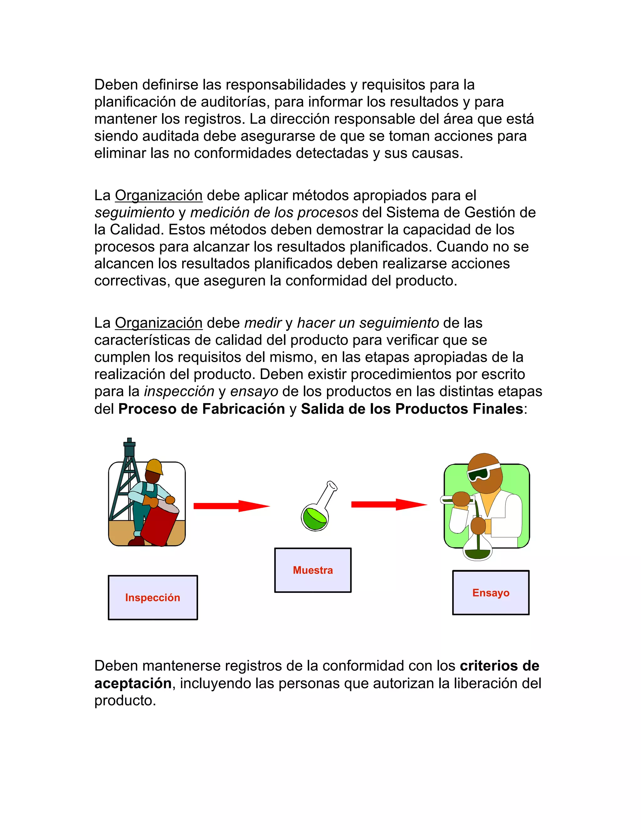 Deben definirse las responsabilidades y requisitos para la
planificación de auditorías, para informar los resultados y para
mantener los registros. La dirección responsable del área que está
siendo auditada debe asegurarse de que se toman acciones para
eliminar las no conformidades detectadas y sus causas.
La Organización debe aplicar métodos apropiados para el
seguimiento y medición de los procesos del Sistema de Gestión de
la Calidad. Estos métodos deben demostrar la capacidad de los
procesos para alcanzar los resultados planificados. Cuando no se
alcancen los resultados planificados deben realizarse acciones
correctivas, que aseguren la conformidad del producto.
La Organización debe medir y hacer un seguimiento de las
características de calidad del producto para verificar que se
cumplen los requisitos del mismo, en las etapas apropiadas de la
realización del producto. Deben existir procedimientos por escrito
para la inspección y ensayo de los productos en las distintas etapas
del Proceso de Fabricación y Salida de los Productos Finales:
Deben mantenerse registros de la conformidad con los criterios de
aceptación, incluyendo las personas que autorizan la liberación del
producto.
Inspección
Muestra
Ensayo
 