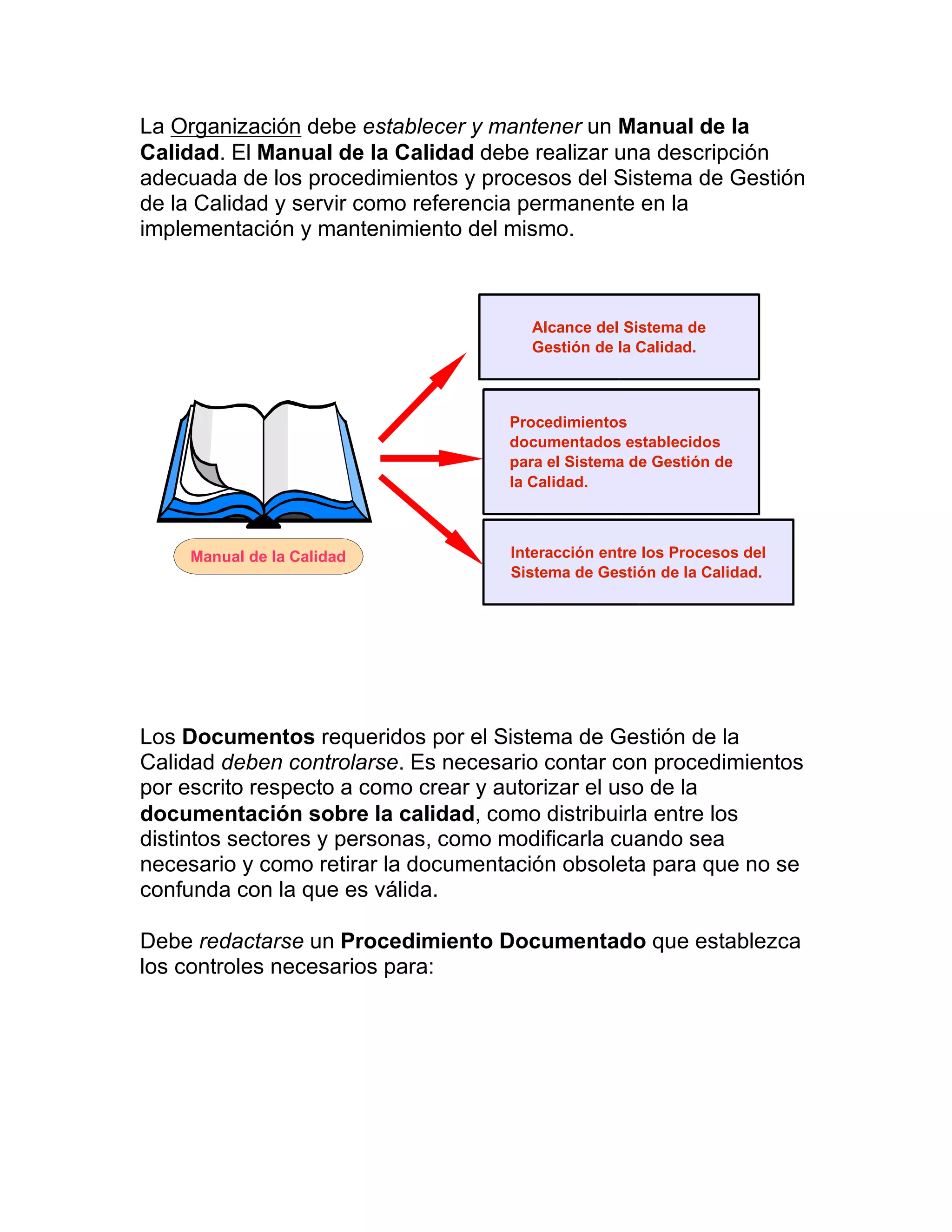 La Organización debe establecer y mantener un Manual de la
Calidad. El Manual de la Calidad debe realizar una descripción
adecuada de los procedimientos y procesos del Sistema de Gestión
de la Calidad y servir como referencia permanente en la
implementación y mantenimiento del mismo.
Los Documentos requeridos por el Sistema de Gestión de la
Calidad deben controlarse. Es necesario contar con procedimientos
por escrito respecto a como crear y autorizar el uso de la
documentación sobre la calidad, como distribuirla entre los
distintos sectores y personas, como modificarla cuando sea
necesario y como retirar la documentación obsoleta para que no se
confunda con la que es válida.
Debe redactarse un Procedimiento Documentado que establezca
los controles necesarios para:
Alcance del Sistema de
Gestión de la Calidad.
Interacción entre los Procesos del
Sistema de Gestión de la Calidad.
Procedimientos
documentados establecidos
para el Sistema de Gestión de
la Calidad.
Manual de la Calidad
 