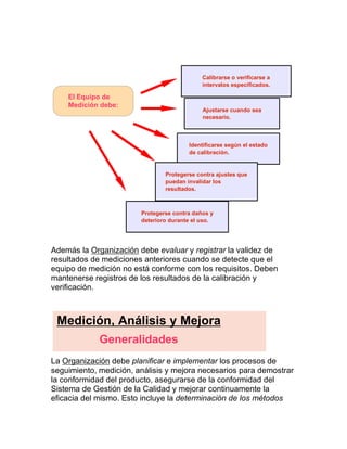 Además la Organización debe evaluar y registrar la validez de
resultados de mediciones anteriores cuando se detecte que el
equipo de medición no está conforme con los requisitos. Deben
mantenerse registros de los resultados de la calibración y
verificación.
La Organización debe planificar e implementar los procesos de
seguimiento, medición, análisis y mejora necesarios para demostrar
la conformidad del producto, asegurarse de la conformidad del
Sistema de Gestión de la Calidad y mejorar continuamente la
eficacia del mismo. Esto incluye la determinación de los métodos
El Equipo de
Medición debe:
Calibrarse o verificarse a
intervalos especificados.
Ajustarse cuando sea
necesario.
Identificarse según el estado
de calibración.
Protegerse contra daños y
deterioro durante el uso.
Protegerse contra ajustes que
puedan invalidar los
resultados.
Medición, Análisis y Mejora
Generalidades
 