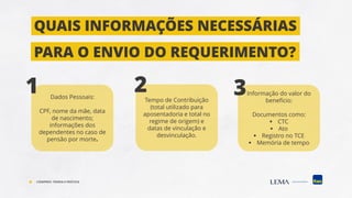 QUAIS INFORMAÇÕES NECESSÁRIAS
PARA O ENVIO DO REQUERIMENTO?
Dados Pessoais:
CPF, nome da mãe, data
de nascimento;
informações dos
dependentes no caso de
pensão por morte.
1 Tempo de Contribuição
(total utilizado para
aposentadoria e total no
regime de origem) e
datas de vinculação e
desvinculação.
2 Informação do valor do
benefício:
Documentos como:
▪ CTC
▪ Ato
▪ Registro no TCE
▪ Memória de tempo
3
COMPREV: TEORIA E PRÁTICA
 