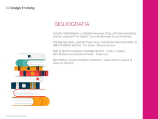 BIBLIOGRAFIA
DESIGN FOR GROWTH, A DESIGN THINKING TOOL KIT FOR MANAGERS -
Jeanne Liedtka and Tim Ogilvie - Columbia Business School Publishing
DESIGN THINKING, UMA METODOLOGIA PODEROSA PARA DECRETAR O
FIM DAS IDEIAS VELHAS - Tim Brown - Editora Campus
THIS IS SERVICE DESIGN THINKING: BASICS - TOOLS - CASES -
Marc Stickdorn and Jakob Schneider - Paperback
THE VIRTUAL CRASH COURSE PLAYBOOK - Hasso Plattner Institute of
Design at Stanford
09 Design Thinking
©Laboratório de Criatividade
 