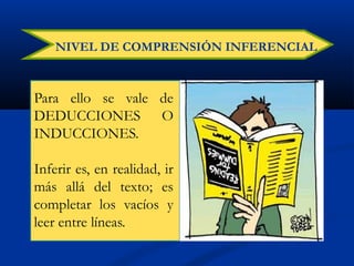 NIVEL DE COMPRENSIÓN INFERENCIAL
Para ello se vale de
DEDUCCIONES O
INDUCCIONES.
Inferir es, en realidad, ir
más allá del texto; es
completar los vacíos y
leer entre líneas.
 
