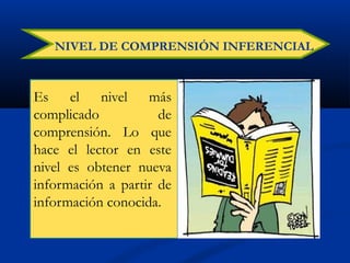 NIVEL DE COMPRENSIÓN INFERENCIAL
Es el nivel más
complicado de
comprensión. Lo que
hace el lector en este
nivel es obtener nueva
información a partir de
información conocida.
 