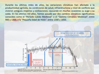 Durante los últimos miles de años, las variaciones climáticas han afectado a la
productividad agrícola, las condiciones de salud, infraestructuras y nivel de conflicto que
vivieron antiguos imperios y civilizaciones, causando en muchas ocasiones su auge y su
caída. En los últimos mil años, hemos pasado por dos cambios climáticos significativos
conocidos como el “Periodo Cálido Medieval” o el “Óptimo Climático Medieval”, entre
900 y 1300, y la “Pequeña Edad de Hielo”, entre 1300 y 1850.
 
